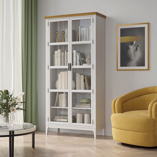 Фото Шкаф для книг «Квадро-С» 220 из массива сосны в гостиную в стиле кантри коллекция «Квадро-С» цвет белый лак, белый лак-антик 24, серый 7042-антик 24, дерево размеры 995х2047х421 в интернет-магазине СиВер