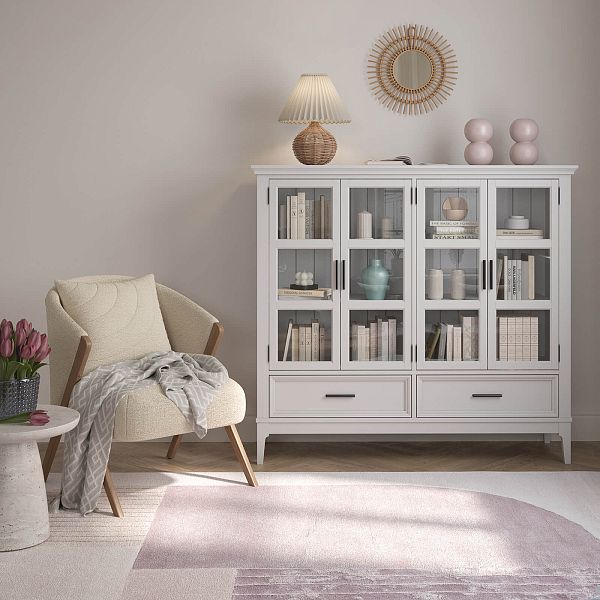 Фото шкаф для посуды из массива сосны в гостиную в стиле кантри коллекция «Квадро-С» цвет белый лак, белый лак-антик 24, серый 7042-антик 24, дерево размеры 1384x1272x420 в интернет-магазине СиВер