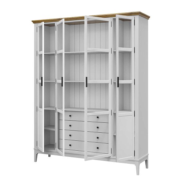 Фото Шкаф для книг «Квадро-С» 422С/04 из массива сосны в гостиную в стиле кантри коллекция «Квадро-С» цвет белый лак, белый лак-антик 24, серый 7042-антик 24, дерево размеры 1643х2047х421 в интернет-магазине СиВер