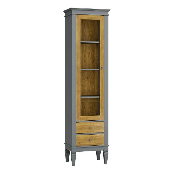 Фото Шкаф для посуды "Ольса-С" 102Л из массива сосны в гостиную в стиле кантри коллекция "Ольса-С" цвет белый лак, серый 7042/антик 24, дерево, размеры 541х2029х356 мм. в интернет-магазине СиВер