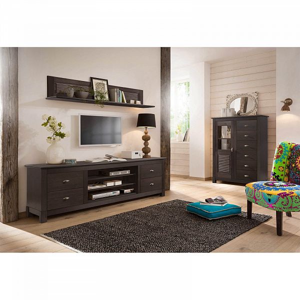 Фото тумба ТВ в гостиную или в спальню из массива сосны Рауна 200 цвет колониал темный почти черный размеры 200х60х42 в стиле кантри в интернет-магазине СиВер