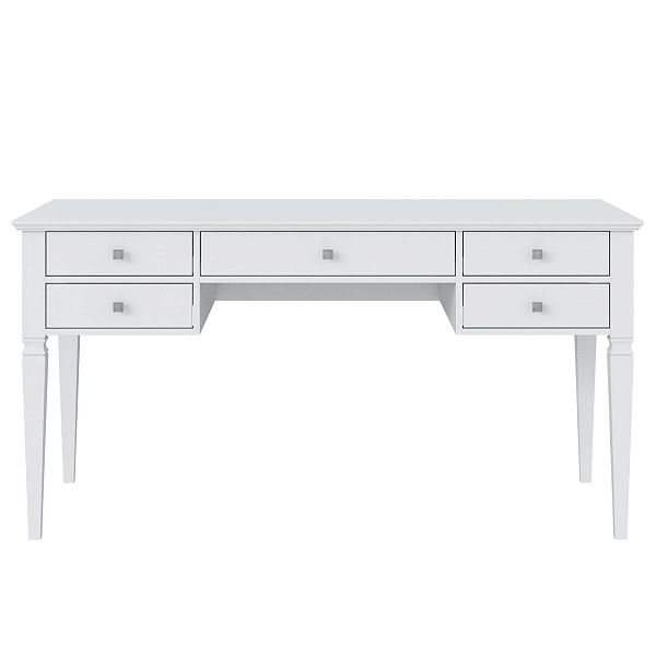 Изображение рабочий белый стол письменный в детскую или кабинет в стиле скандинавский или лофт пример в интерьере как смотрится коллекции "Ольса" 005 149x76x70 (белый лак, белый лак/антик 24, серый 7042, серый 7042/антик 24) для ребенка, взрослого или подростка