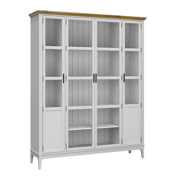 Фото Шкаф для книг «Квадро-С» 422С из массива сосны в гостиную в стиле кантри коллекция «Квадро-С» цвет белый лак, белый лак-антик 24, серый 7042-антик 24, дерево размеры 1643х2047х421 в интернет-магазине СиВер
