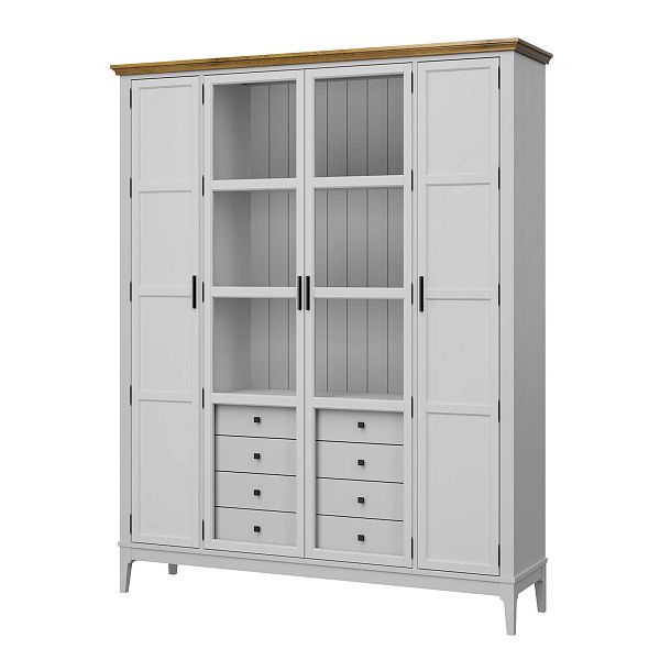 Фото Шкаф для книг «Квадро-С» 422Ф/04 из массива сосны в гостиную в стиле кантри коллекция «Квадро-С» цвет белый лак, белый лак-антик 24, серый 7042-антик 24, дерево размеры 1643х2047х421 в интернет-магазине СиВер