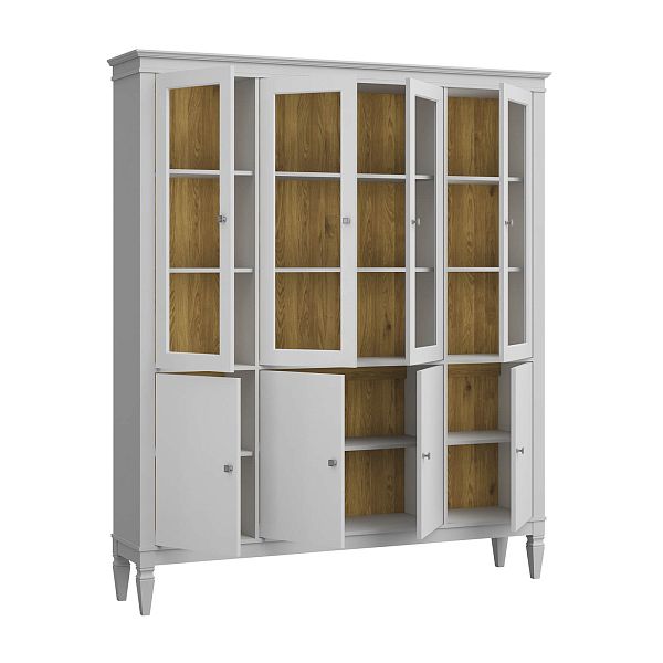 Фото шкафа для посуды из массива сосны в гостиную в стиле лофт или скандинавском стиле коллекция "Ольса-С" цвет белый лак, серый 7042-антик 24, светлый дерево размеры 1735х2029х356 в интернет-магазине СиВер