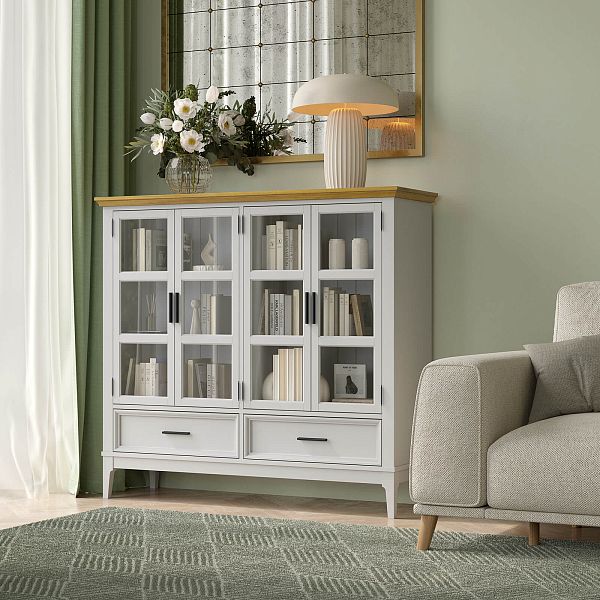 Фото шкаф для посуды из массива сосны в гостиную в стиле кантри коллекция «Квадро-С» цвет белый лак, белый лак-антик 24, серый 7042-антик 24, дерево размеры 1384x1272x420 в интернет-магазине СиВер