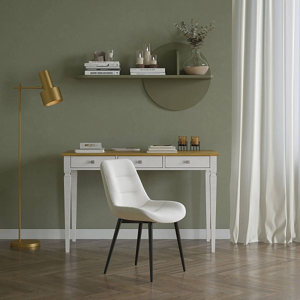 Изображение рабочий стол письменный в детскую или кабинет в стиле лофт или скандинавском стиле классика коллекции "Ольса-С" 003, размеры 121х76х59 см (цвет белый лак, белый лак/антик 24, серый 7042/антик 24) для ребенка или подростка