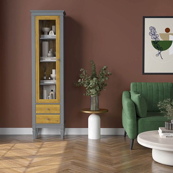 Фото Шкаф для посуды "Ольса-С" 102Л из массива сосны в гостиную в стиле кантри коллекция "Ольса-С" цвет белый лак, серый 7042/антик 24, дерево, размеры 541х2029х356 мм. в интернет-магазине СиВер