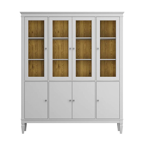 Фото шкафа для посуды из массива сосны в гостиную в стиле лофт или скандинавском стиле коллекция "Ольса-С" цвет белый лак, серый 7042-антик 24, светлый дерево размеры 1735х2029х356 в интернет-магазине СиВер