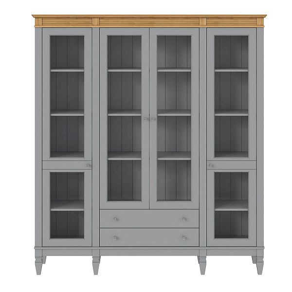 Фото пример широкий стеллаж с квадратными полками из массива сосны в гостиную в стиле лофт или скандинавский коллекция Ольса цвет белый лак, белый лак/антик 24, серый 7042, серый 7042/антик 24, светлый дерево размеры 181,5х202х38 в интернет-магазине СиВер