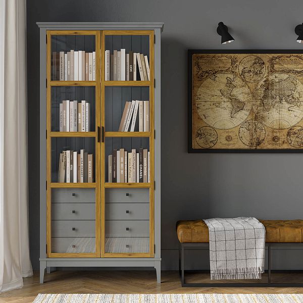 Фото Шкаф для книг «Квадро-С» 220/04 из массива сосны в гостиную в стиле кантри коллекция «Квадро-С» цвет белый лак, белый лак-антик 24, серый 7042-антик 24, дерево размеры 995х2047х421 в интернет-магазине СиВер