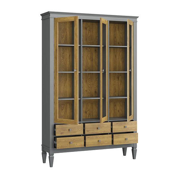 Фото шкафа для посуды из массива сосны в гостиную в стиле лофт или скандинавском стиле коллекция "Ольса-С" цвет белый лак, серый 7042-антик 24, светлый дерево размеры 1349х2029х356 в интернет-магазине СиВер