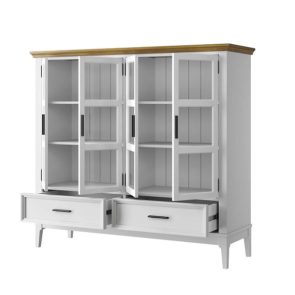 Фото шкаф для посуды из массива сосны в гостиную в стиле кантри коллекция «Квадро-С» цвет белый лак, белый лак-антик 24, серый 7042-антик 24, дерево размеры 1384x1272x420 в интернет-магазине СиВер