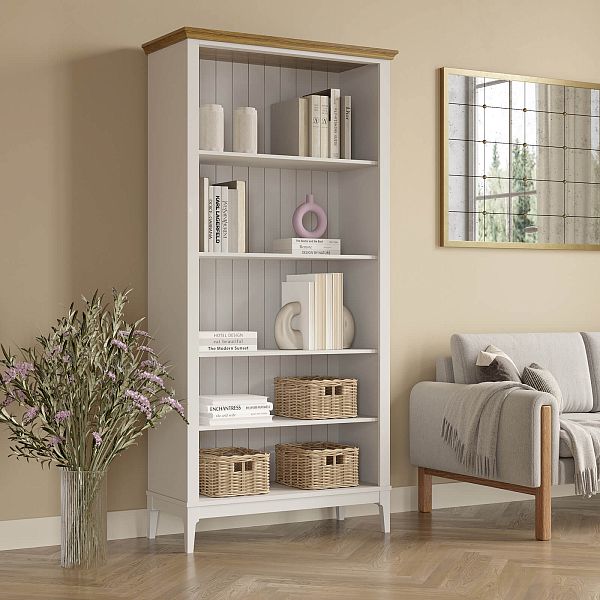 Фото Стеллаж «Квадро-С» 20-205 из массива сосны в гостиную в стиле кантри коллекция «Квадро-С» цвет белый лак, белый лак-антик 24, серый 7042-антик 24, дерево размеры 995х2047х421 в интернет-магазине СиВер