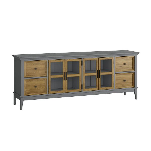 Фото каталог тумба ТВ в гостиную или в спальню из массива сосны "Квадро-С" 44 цвет белый лак, белый лак-антик 24, серый 7042-антик 24, светлый, размеры 1996х765х420 в классическом стиле в интернет-магазине СиВер