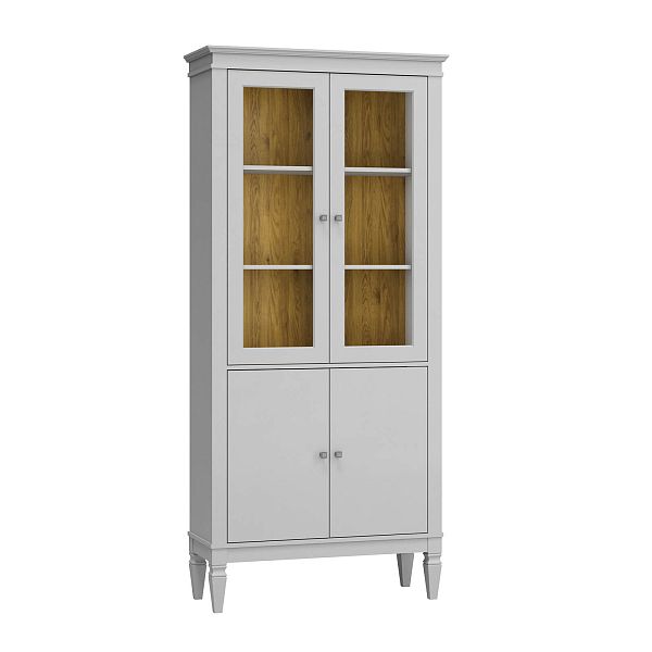 Фото шкафа для посуды из массива сосны в гостиную в стиле лофт или скандинавском стиле коллекция "Ольса-С" цвет белый лак, серый 7042-антик 24, светлый дерево размеры 927х2029х356 в интернет-магазине СиВер
