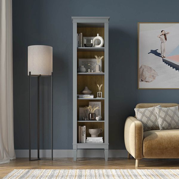 Фото стеллаж из массива сосны в гостиную в стиле лофт или скандинавском стиле коллекция "Ольса-С" цвет белый лак, серый 7042, светлый дерево размеры 54х203х36 в интернет-магазине СиВер