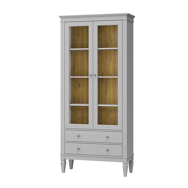 Фото Шкаф для посуды "Ольса-С" 202 из массива сосны в гостиную в стиле кантри коллекция "Ольса-С" цвет белый лак, серый 7042/антик 24, дерево, размеры 927х2029х356 мм. в интернет-магазине СиВер