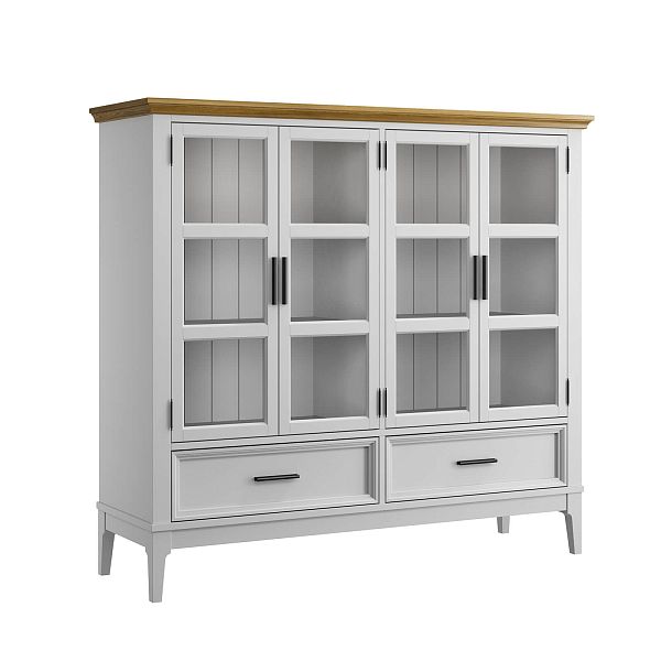 Фото шкаф для посуды из массива сосны в гостиную в стиле кантри коллекция «Квадро-С» цвет белый лак, белый лак-антик 24, серый 7042-антик 24, дерево размеры 1384x1272x420 в интернет-магазине СиВер