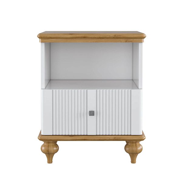 Изображения интерьерное фото прикроватная тумба в стиле неоклассика, лаконичный универсальный дизайн, тумба прикроватная "Рандеву" 01 493x635x405 (белый лак/антик 24, серый 7042/антик 24) из массива сосны в спальню или детскую