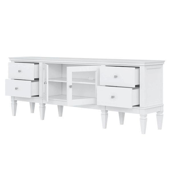 Фото каталог тумба ТВ в гостиную или в спальню из массива сосны Ольса 24 (2000) цвет белый лак, белый лак-антик 24, серый 7042-антик 24, светлый, размеры 2003х734х400 в классическом стиле в интернет-магазине СиВер