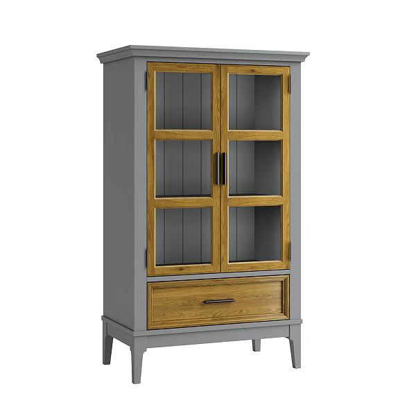 Фото шкаф для посуды из массива сосны в гостиную в стиле кантри коллекция «Квадро-С» цвет белый лак, белый лак-антик 24, серый 7042-антик 24, дерево размеры 757х1272х420 в интернет-магазине СиВер