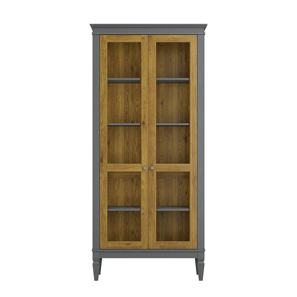 Фото шкафа для посуды из массива сосны в гостиную в стиле лофт или скандинавском стиле коллекция "Ольса-С" цвет белый лак, серый 7042-антик 24, светлый дерево размеры 927х2029х356 в интернет-магазине СиВер