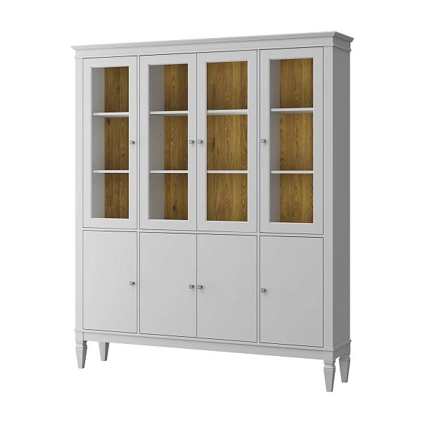 Фото шкафа для посуды из массива сосны в гостиную в стиле лофт или скандинавском стиле коллекция "Ольса-С" цвет белый лак, серый 7042-антик 24, светлый дерево размеры 1735х2029х356 в интернет-магазине СиВер