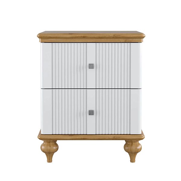 Изображения интерьерное фото прикроватная тумба в стиле неоклассика, лаконичный универсальный дизайн, тумба прикроватная "Рандеву" 02 493x635x405 (белый лак/антик 24, серый 7042/антик 24) из массива сосны в спальню или детскую