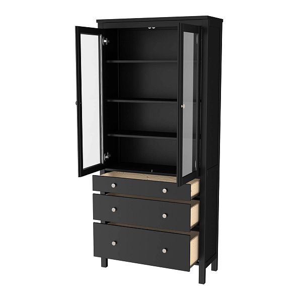 Фото шкаф для посуды из массива сосны в гостиную в стиле кантри коллекция «Кантри» цвет белый лак, блэк, дерево размеры 891х1972х364 в интернет-магазине СиВер