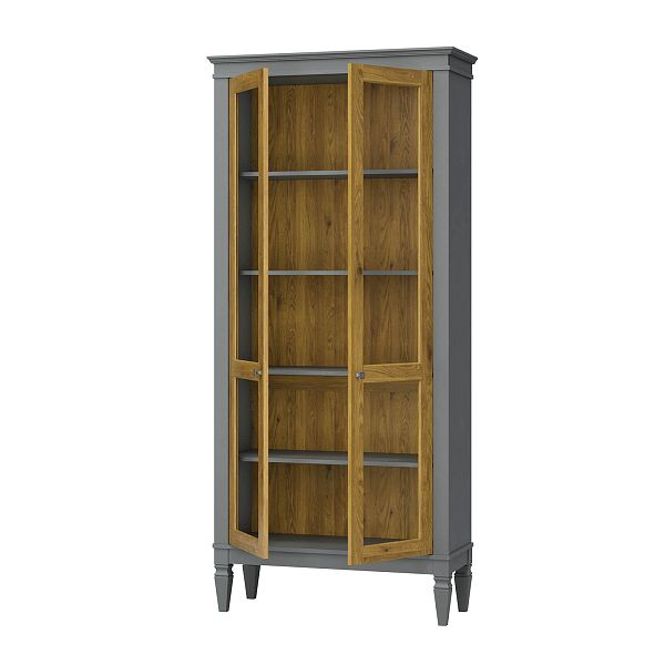 Фото шкафа для посуды из массива сосны в гостиную в стиле лофт или скандинавском стиле коллекция "Ольса-С" цвет белый лак, серый 7042-антик 24, светлый дерево размеры 927х2029х356 в интернет-магазине СиВер