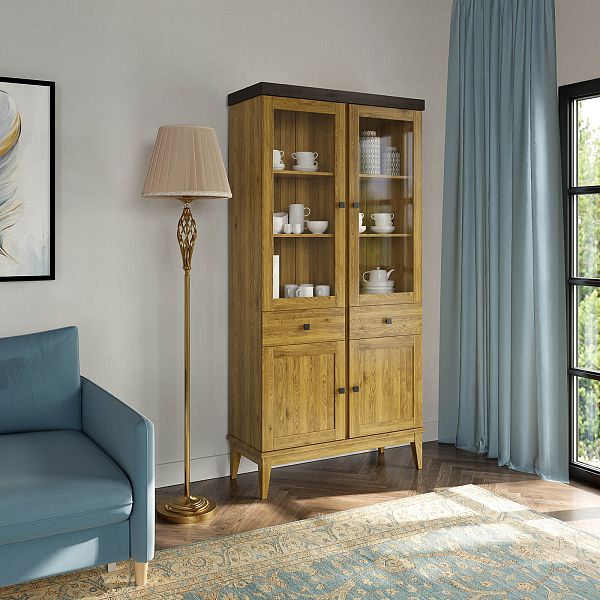 Фото шкаф для посуды из массива сосны в гостиную в стиле кантри коллекция «Бон Вояж» цвет антик 24-колониал, дерево размеры 1007х2035х401 в интернет-магазине СиВер