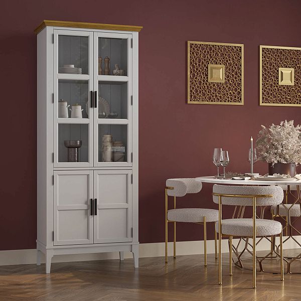 Фото Шкаф для посуды «Квадро-С» 22GT-185 из массива сосны. Цвет белый лак, белый лак-антик 24, серый 7042-антик 24, идеально для стиля сканди, минимал, лофт. С доставкой по России. Материал - массив сосны, размер - 757х1846х420 мм. в интернет-магазине СиВер