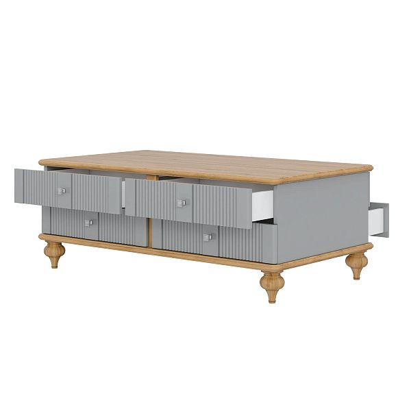 Фото столик журнальный на ножках, из массива сосны и МДФ с четырьмя ящиками в гостиную в стиле кантри коллекция "Рандеву" цвет белый лак-антик 24, серый 7042-антик 24, дерево, размеры 1241х463х682 в интернет-магазине СиВер