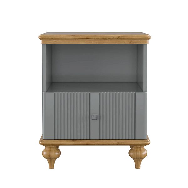 Изображения интерьерное фото прикроватная тумба в стиле неоклассика, лаконичный универсальный дизайн, тумба прикроватная "Рандеву" 01 493x635x405 (белый лак/антик 24, серый 7042/антик 24) из массива сосны в спальню или детскую