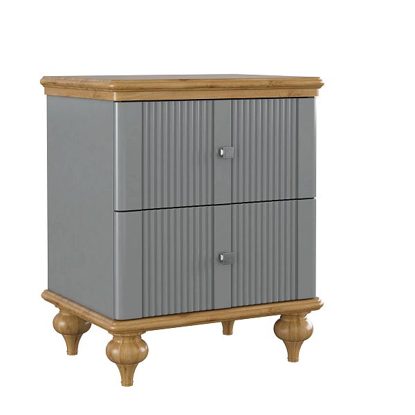 Изображения интерьерное фото прикроватная тумба в стиле неоклассика, лаконичный универсальный дизайн, тумба прикроватная "Рандеву" 02 493x635x405 (белый лак/антик 24, серый 7042/антик 24) из массива сосны в спальню или детскую