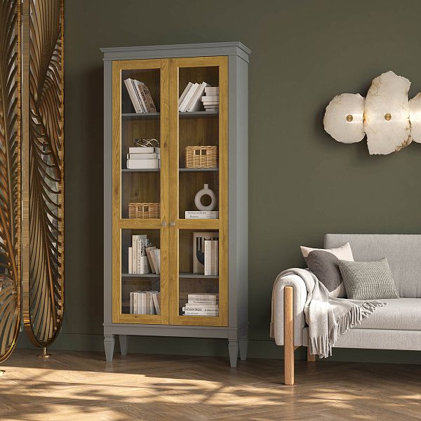 Фото шкафа для посуды из массива сосны в гостиную в стиле лофт или скандинавском стиле коллекция "Ольса-С" цвет белый лак, серый 7042-антик 24, светлый дерево размеры 927х2029х356 в интернет-магазине СиВер