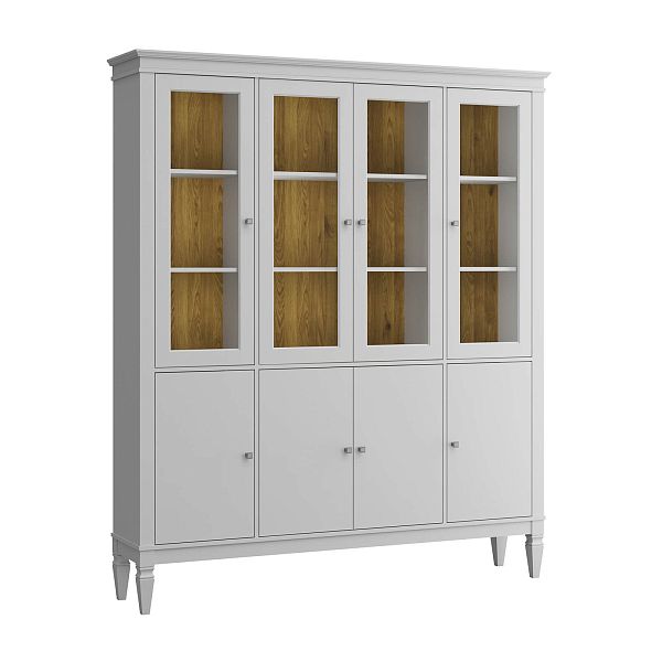 Фото шкафа для посуды из массива сосны в гостиную в стиле лофт или скандинавском стиле коллекция "Ольса-С" цвет белый лак, серый 7042-антик 24, светлый дерево размеры 1735х2029х356 в интернет-магазине СиВер