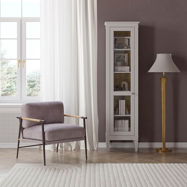 Фото шкаф для посуды из массива сосны в гостиную в стиле лофт или скандинавском стиле коллекция "Ольса-С" цвет белый лак, серый 7042, светлый дерево размеры 54х203х36 в интернет-магазине СиВер