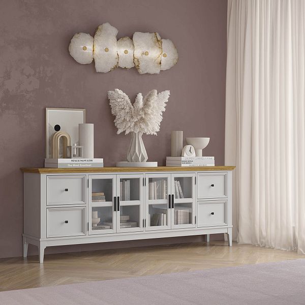 Фото каталог тумба ТВ в гостиную или в спальню из массива сосны "Квадро-С" 44 цвет белый лак, белый лак-антик 24, серый 7042-антик 24, светлый, размеры 1996х765х420 в классическом стиле в интернет-магазине СиВер