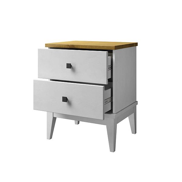 Фото прикроватная тумба в спальню из массива сосны "Бон Вояж" 02, 511x641x401, с двумя ящиками, белый лак/антик 24 в стиле кантри в интернет-магазине СиВер