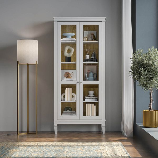 Фото шкафа для посуды из массива сосны в гостиную в стиле лофт или скандинавском стиле коллекция "Ольса-С" цвет белый лак, серый 7042-антик 24, светлый дерево размеры 927х2029х356 в интернет-магазине СиВер