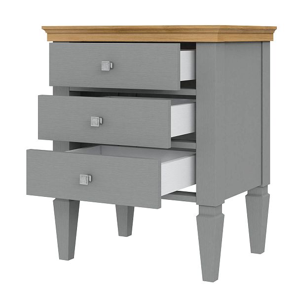 Фото прикроватная тумба в спальню из массива сосны "Ольса" 03 538x646x400, с тремя ящиками, серый 7042/антик 24 в стиле кантри в интернет-магазине СиВер