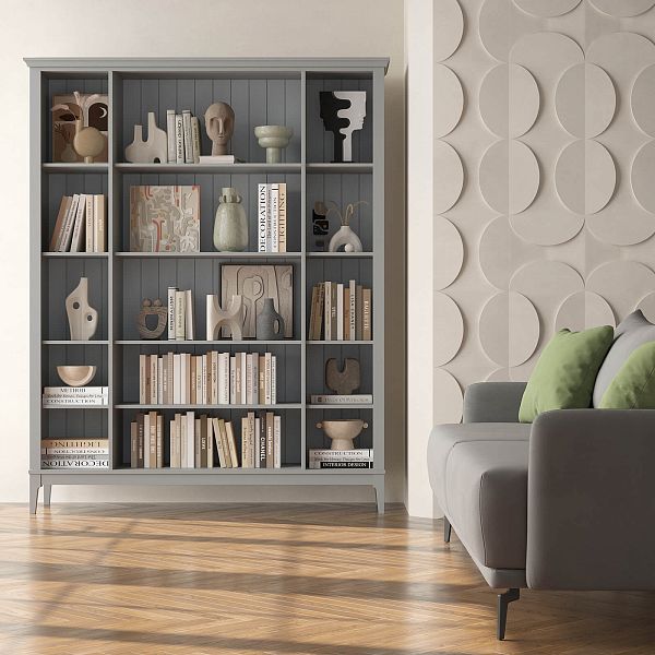 Фото Стеллаж «Квадро-С» 40-205 из массива сосны в гостиную в стиле кантри коллекция «Квадро-С» цвет белый лак, белый лак-антик 24, серый 7042-антик 24, дерево размеры 1643х2047х421 в интернет-магазине СиВер