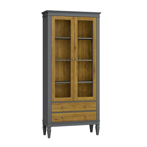 Фото Шкаф для посуды "Ольса-С" 202 из массива сосны в гостиную в стиле кантри коллекция "Ольса-С" цвет белый лак, серый 7042/антик 24, дерево, размеры 927х2029х356 мм. в интернет-магазине СиВер