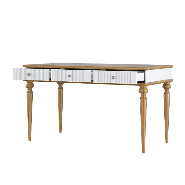 Изображение рабочий белый, серый стол письменный в детскую или кабинет в стиле лофт или скандинавском стиле классика коллекции "Рандеву" 03 (белый лак/антик 24, серый 7042/антик 24) из массива сосны, 136,5х77,7х70 для ребенка или подростка