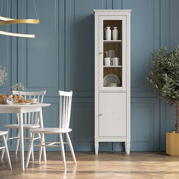 Фото Шкаф для посуды "Ольса-С" 110 из массива сосны в гостиную в стиле кантри коллекция "Ольса-С" цвет белый лак, серый 7042/антик 24, дерево, размеры 541х2029х356 мм. в интернет-магазине СиВер