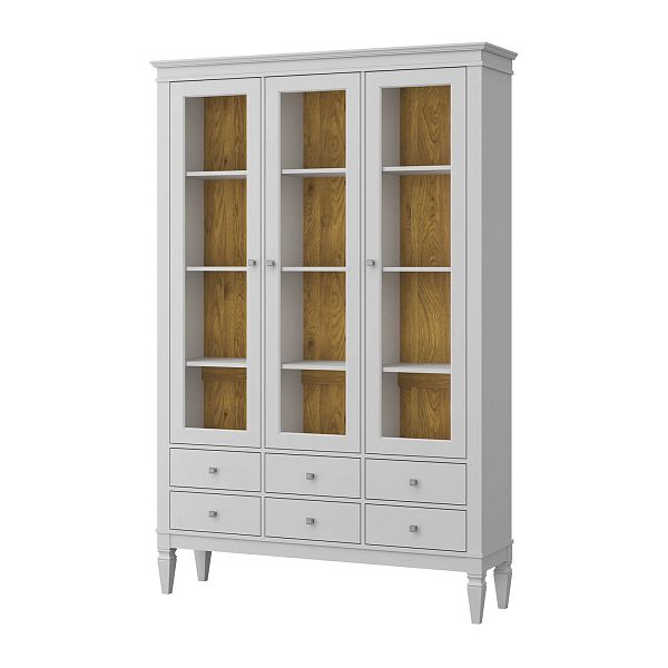 Фото шкафа для посуды из массива сосны в гостиную в стиле лофт или скандинавском стиле коллекция "Ольса-С" цвет белый лак, серый 7042-антик 24, светлый дерево размеры 1349х2029х356 в интернет-магазине СиВер