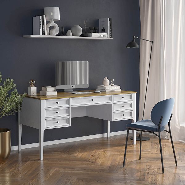 Изображение рабочий стол письменный в детскую или кабинет в стиле лофт или скандинавском стиле классика коллекции "Квадро-С" 07 размеры 1582х760х660 мм (цвет белый лак, белый лак/антик 24, серый 7042/антик 24) для ребенка или подростка