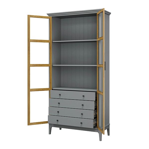 Фото Шкаф для книг «Квадро-С» 220/04 из массива сосны в гостиную в стиле кантри коллекция «Квадро-С» цвет белый лак, белый лак-антик 24, серый 7042-антик 24, дерево размеры 995х2047х421 в интернет-магазине СиВер